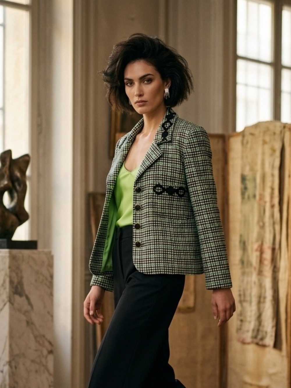 Vintage Wool Blazer Jacket Green Houndstooth Plaid Check Made in Canada Sz 6